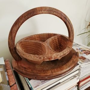 Vintage Carved Wood Expandable Basket